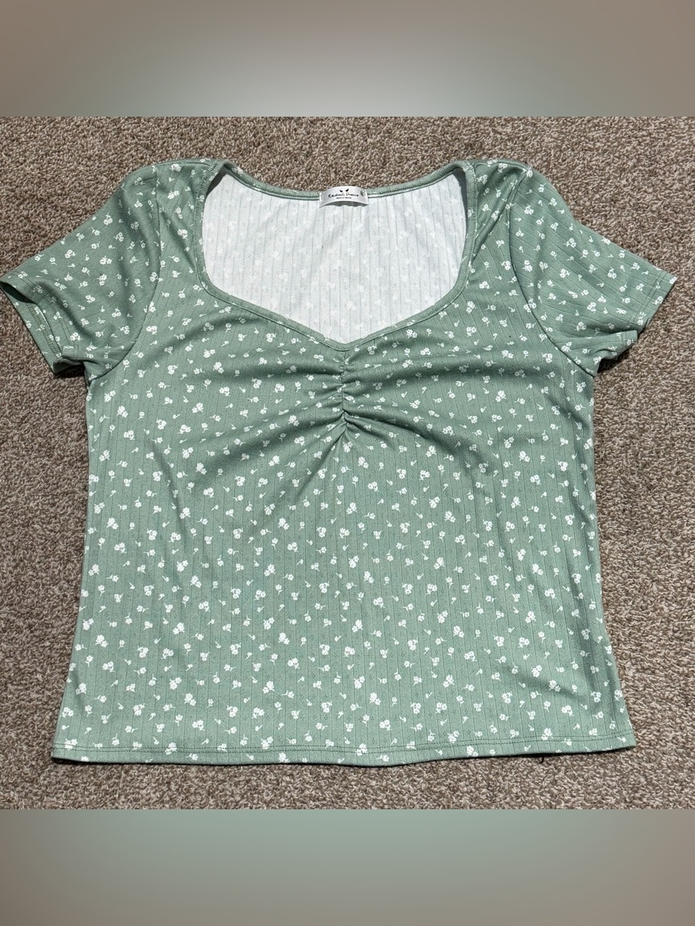 Women's Sage Green Floral Ruched Scoop Neck Top